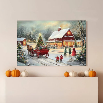 1 pièce encadrée Broxton peinture scène de neige de Noël, maison en bois rouge et chariot, peinture à l'huile réaliste, impression de décoration, affiche murale rétro, cadeau parfait pour une œuvre d'art moderne pour le salon de la chambre à coucher