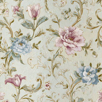 Peel and Stick Wallpaper Contact Paper Floral Vintage Pastel Roses Blue Flowers Ornate Botanical Scroll Self Adhesive and Removable 24in x 118in(60x300cm)