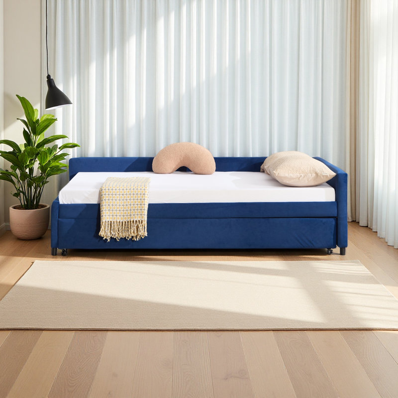 Upholstered Daybed With Trundle,Sturdy Wooden Bed Frame, Modern Diamond Grid Design,For Bedroom, Guest Room, Navy