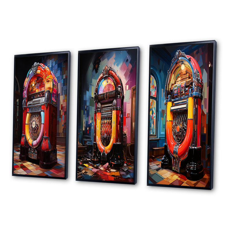 «Jukeboxes Nostalgic Melody», 3 pièces sur toile, Cadre noir, H 20 po x l 36 po