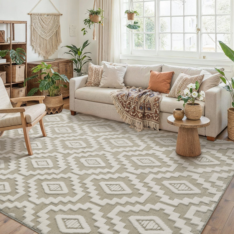 Tapis à poils longs lavable Charles avec envers antidérapant, Rectangle 6 pi x 9 pi, Beige