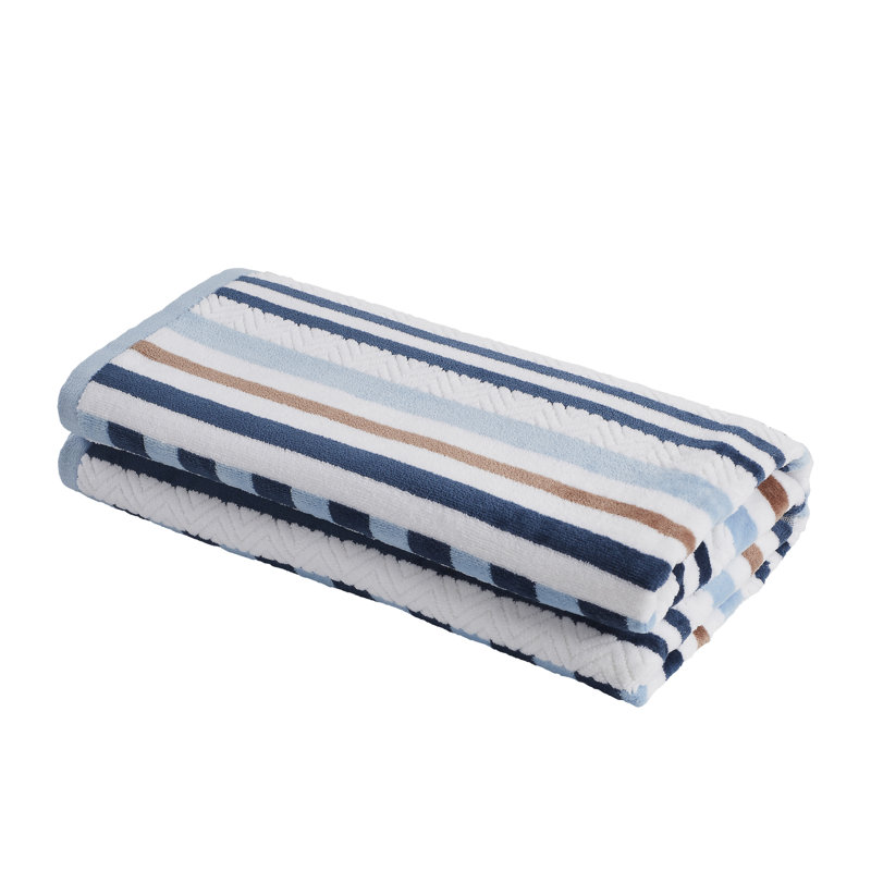 Blue Nile Mills Striped Textured Waves 100% Cotton Beach Towel Set (2 Piece), Morning Blue