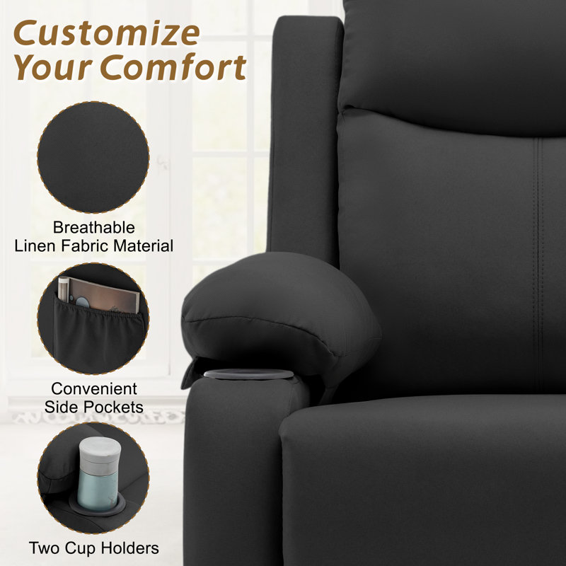 Recliner Chair, Small Recliner For Small Spaces, Fabric Manual Recliners For Living Room, Black