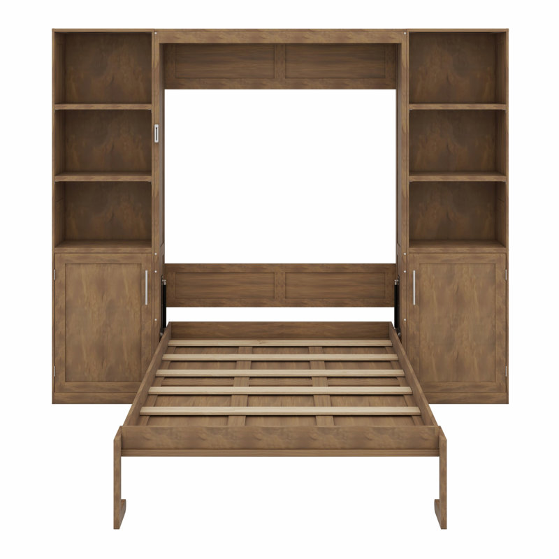Lit mural multifonctionnel en bois avec tablettes et armoires de rangement