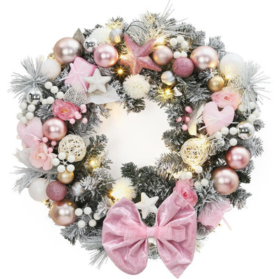 24in Christmas Wreath with Pink Bow, Frosted Pine & LED Lights for Door Wall