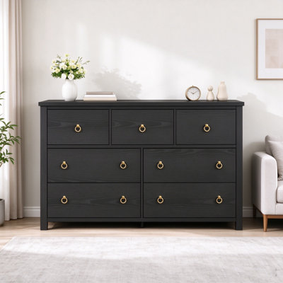 Commode moderne à 7 tiroirs en bois noir | Meuble de rangement pour chambre, chambre d'enfant et entrée
