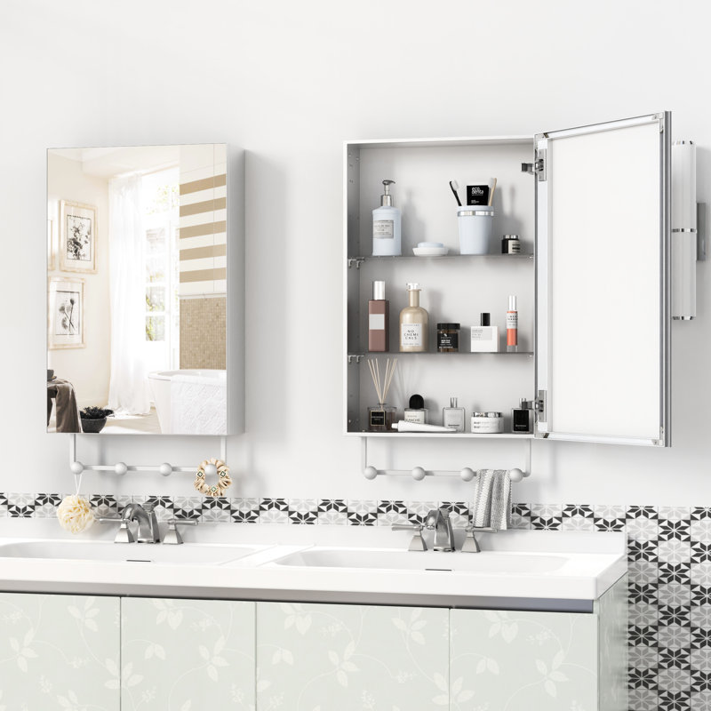 Miroir de salle de bain mural 16 po x 24 po argenté avec rangement, compartiments de grande capacité, armoire à pharmacie en aluminium résistant aux usures et à la corrosion, tablettes réglables, charnières silencieuses, facile