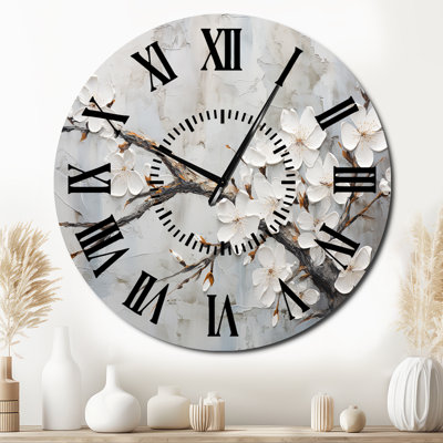 Minimalism White And Grey Cherry Blossom - Cherry Blossom Black Face Wall Clock