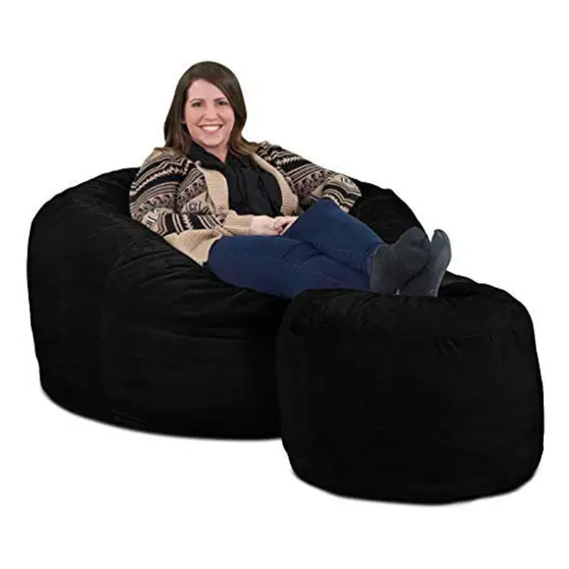 5ft Bean Bag Chair and Footstool, Oversized Lounger, Suede, Black Suede, 28" H x 48" W x 48" D