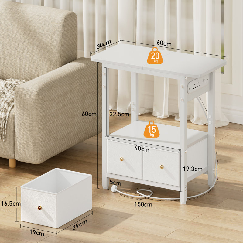 End Table with Built-In Outlets, White