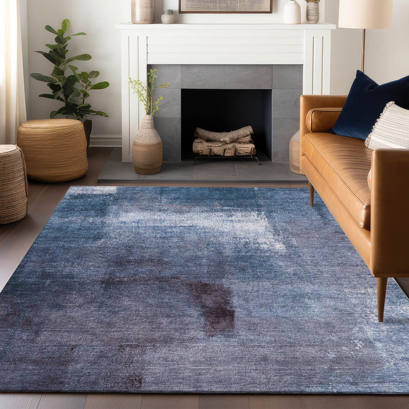Tapis bleu marine de qualité supérieure lavable à la machine Prisco, Rectangulaire 8 pi x 10 pi