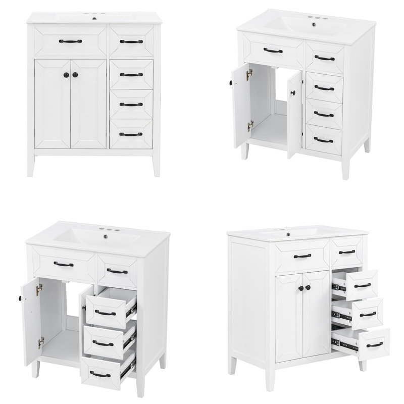 Meuble-lavabo 30 po avec lavabo en céramique, armoire en bois de pin massif avec 3 tiroirs et portes à fermeture en douceur, style table d'appoint moderne - blanc