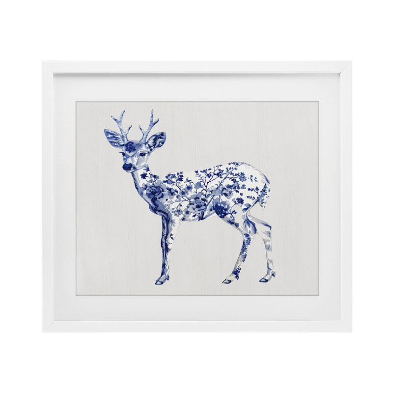 «Graceful Toile Deer», reproduction encadrée sous verre, lettrée et doublée, H 13 po x l 16 po, Cadre blanc côtier