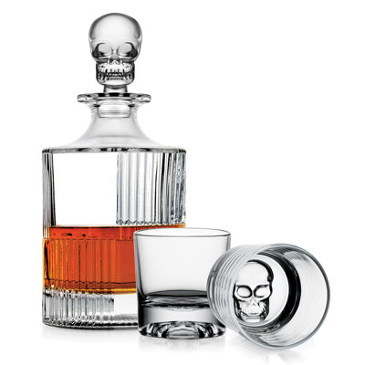 Godinger Silver Art Co Skull 3 Piece Round Whiskey Decanter Set