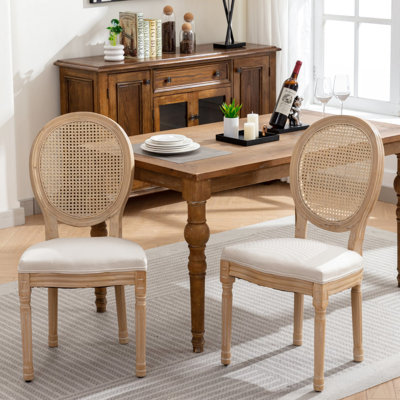 Chaises de salle à manger de conception française, fabrication en bois massif, revêtement en lin, dossier, tissu confortable de couleur crème beige, ton