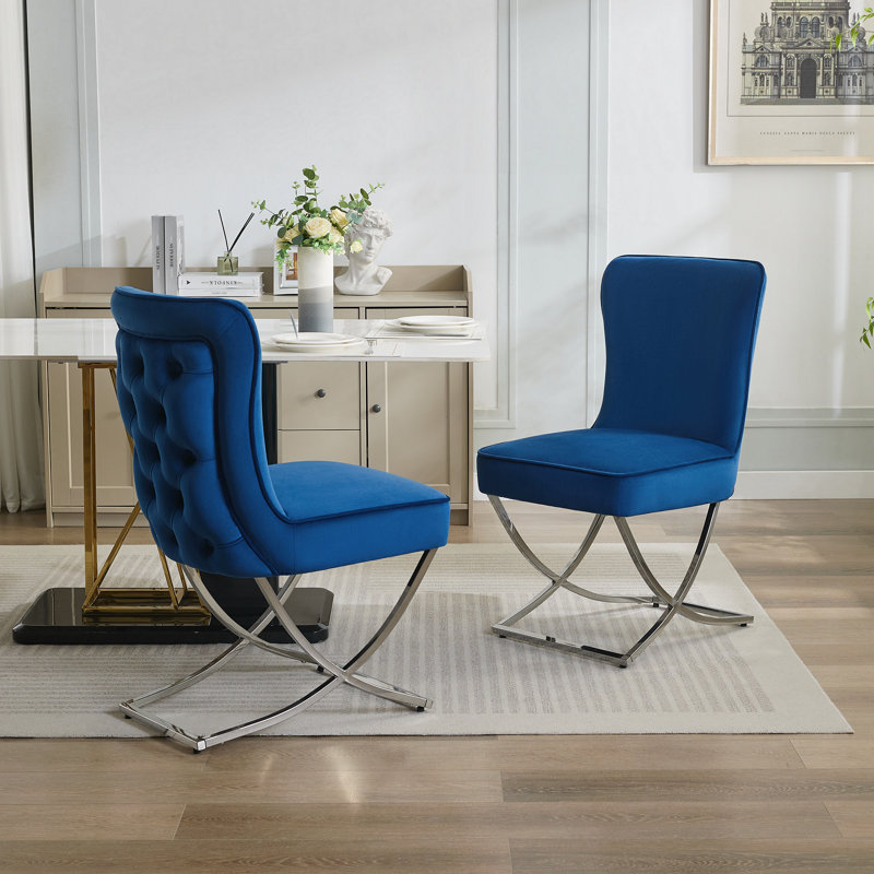Tufted Velvet Upholstered Dining Chair with Silver Metal X-Legs, Navy