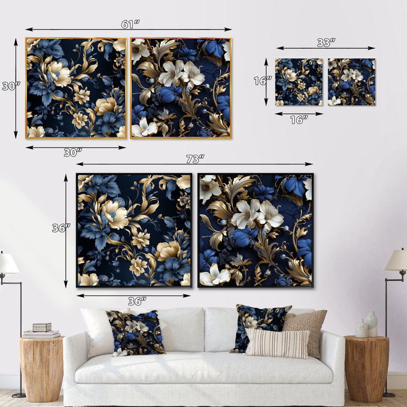 Ensemble de 2 victoriennes bleu cobalt doré à motif floral carré, Cadre flottant brun, H 36 po x l 73 po