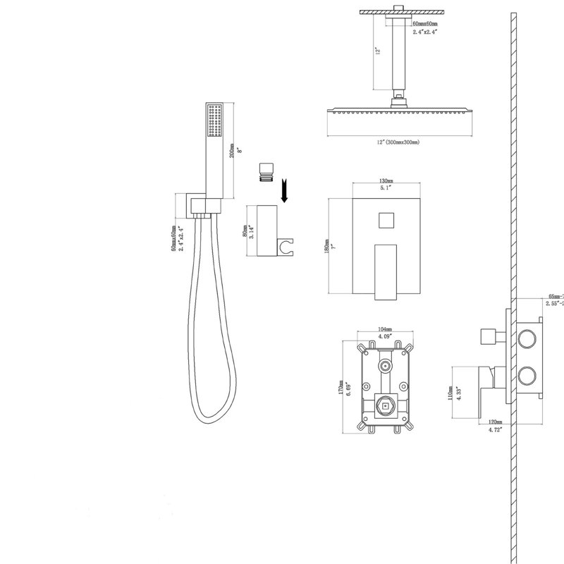 Pomme de douche double - fixation au plafond de 12 pouces avec soupape d'équilibre pluviale