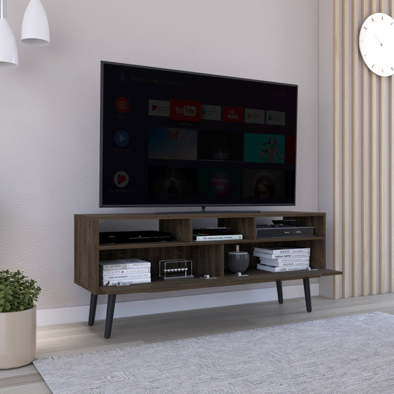 Meuble télé pour téléviseur de 52 po de haut, trois tablettes ouvertes, deux tiroirs flexibles, finition noyer foncé sur place