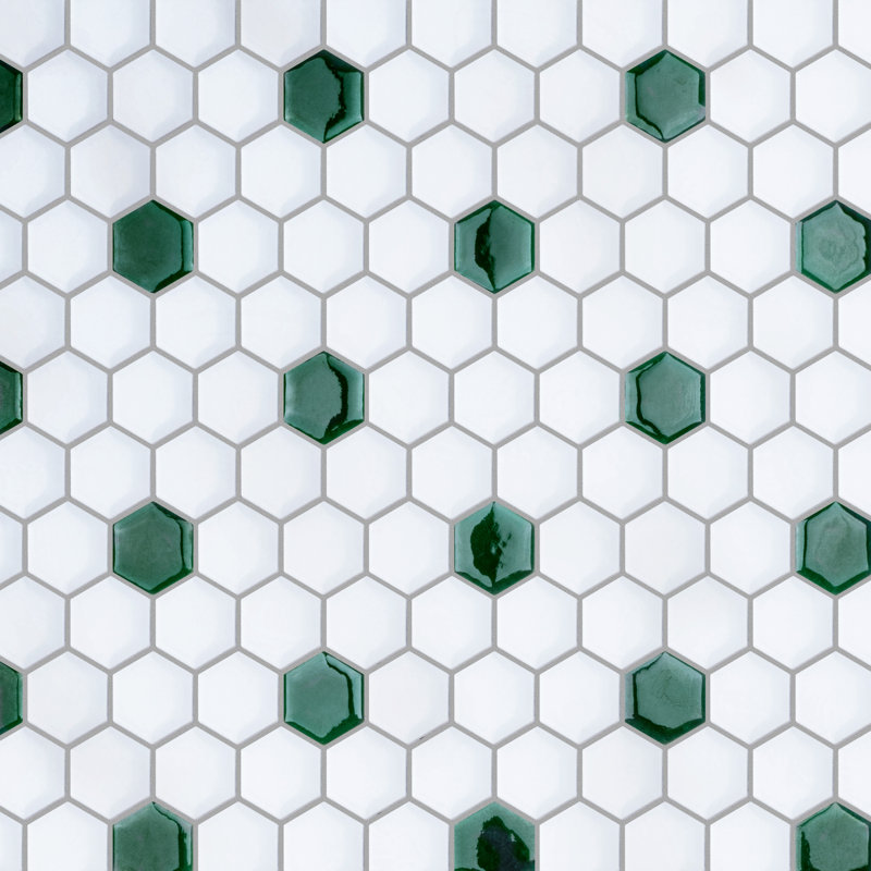 Metro Ion 1" Hex Emerald Dot Glossy White 10-1/4" x 11-7/8" Porcelain Mosaic Floor & Wall Tile
