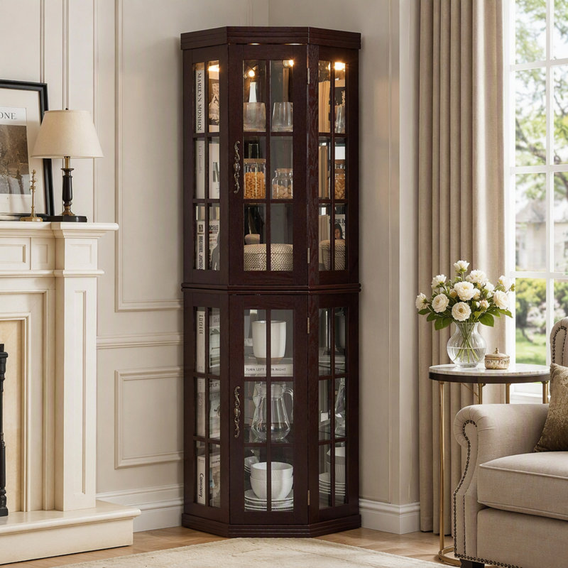 Meuble de coin haut en merisier éclairé avec portes vitrées, meuble d'exposition et de rangement autoportant pour salon et chambre