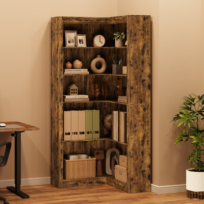 71.8'' Corner Bookshelf, 5-Tier Wooden Farmhouse Bookcase w/Anti-Tipping Kit, Storage Organizer, L-Shaped Large Display Shelf w/Thickened Boards for Home, Office, Living Room