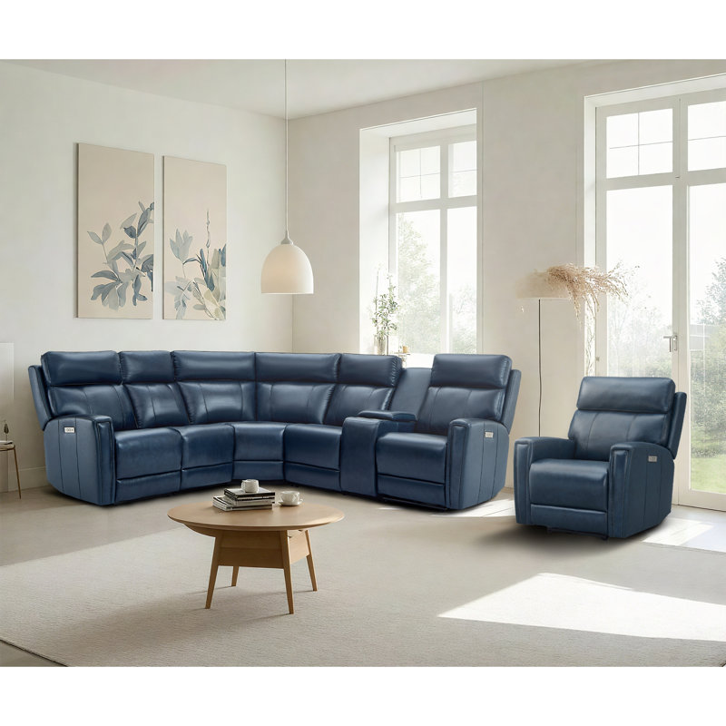 Canapé modulaire inclinable électrique Avani, Cuir véritable bleu, 3 sièges inclinables
