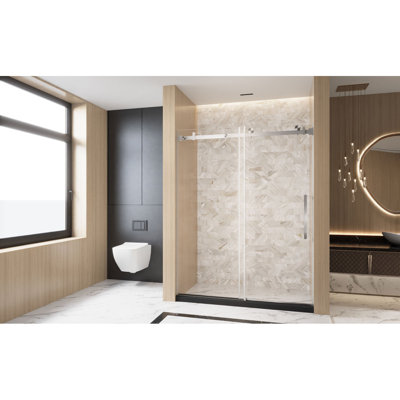 Frameless Single Sliding Shower Door 76" H, 1/4 "(6 Mm) Clear Tempered Glass, Explosion Proof Film, Stainless Steel Handle Square Tube Track