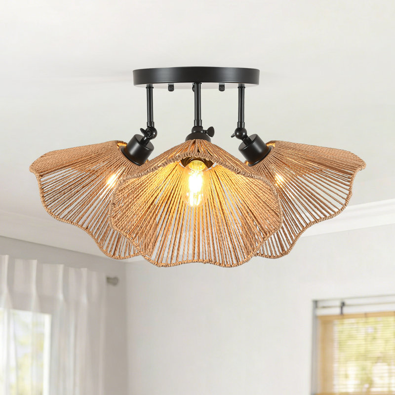 3-Light Boho Rattan Cluster Semi Flush Mount Ceiling Lights For Bedroom Nursery Kitchen Island Entryway Foyer Living Room