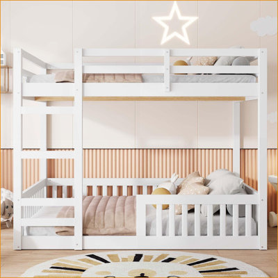Full Over Full Pine Wood Bunk Bed with Ladder &amp; Guardrails, No Box Spring Needed, White for Small Spaces