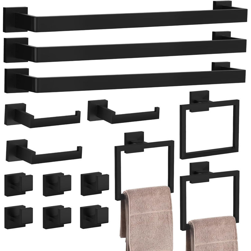 15-Piece Matte Black Bathroom Hardware Set, 304 Stainless Steel Towel Bars, Holders And Hooks