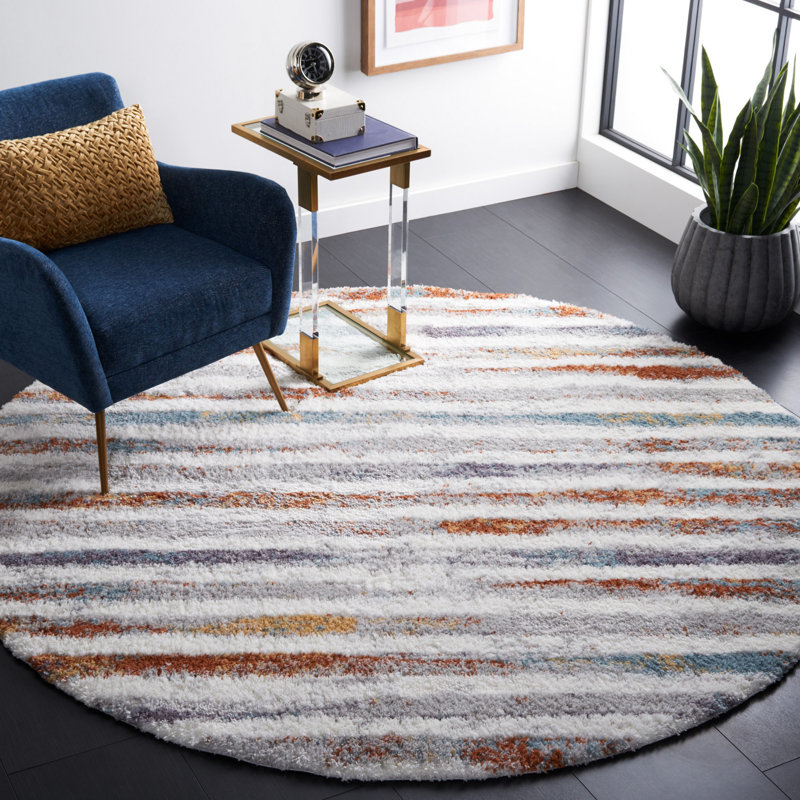 Joua Striped Blue Rust/Ivory Area Rug, Round 7'
