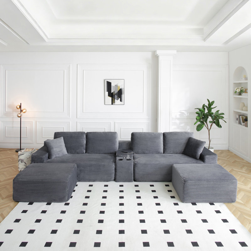 Canapé modulaire surdimensionné de 150 po, canapé Cloud avec assise profonde, canapé en L avec porte-gobelets et ports USB, canapé rembourré en velours côtelé pour le salon, gris