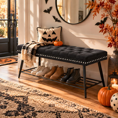 Vintage Tuft Nailhead Shoe Bench, Storage Shelf, Upholstered Entry Bench