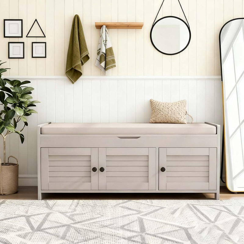 Banc de rangement avec 3 portes en forme de volet, Gris délavé