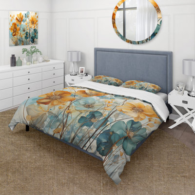 Modern 4 Pcs Comforter Set - Teal Orange Botanical Fragments With Shams And Throw Pillows