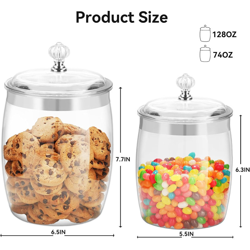 Pot à biscuits 2 pièces avec couvercles - Contenant hermétique en plastique transparent de 128 oz et 74 oz