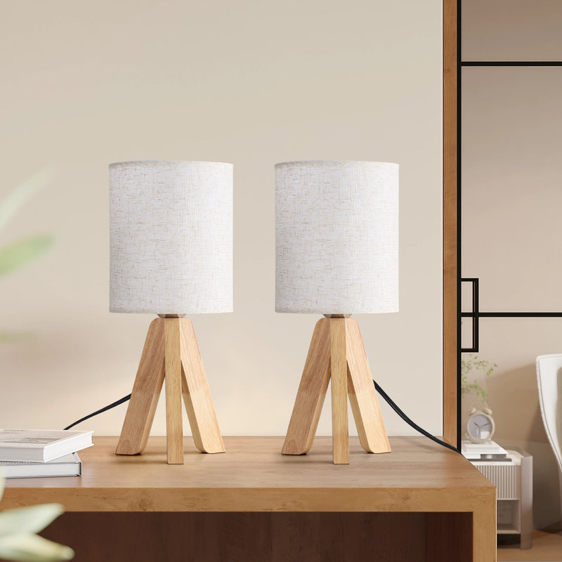15" H Natural Wood Fabric Table Lamp With Rocker Switch (Set Of 2)