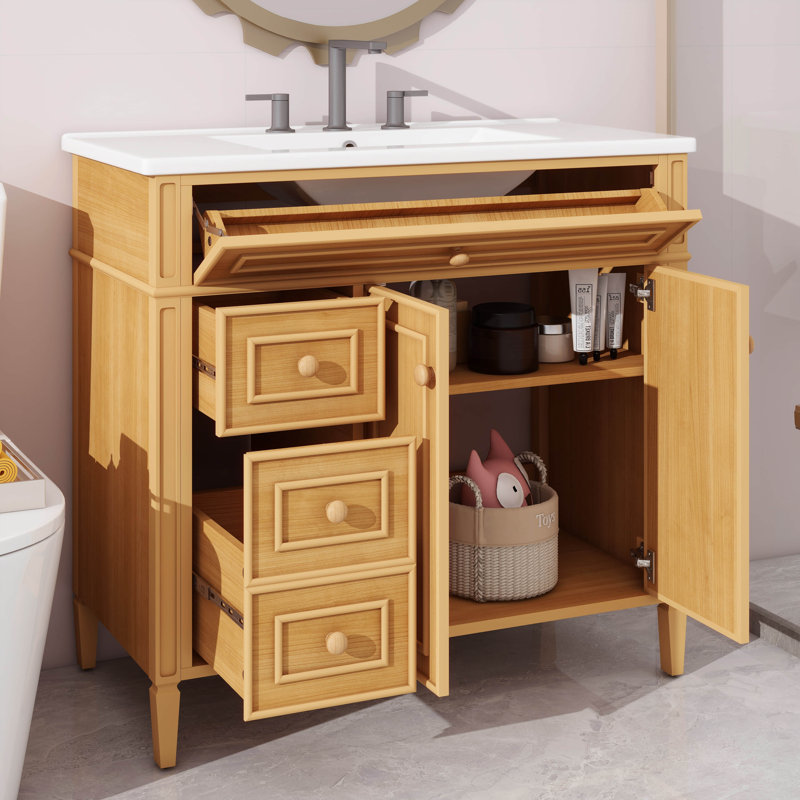 Meuble-lavabo de 36 po en bois avec lavabo, tiroir rabattable, 3 tiroirs, 2 portes à fermeture en douceur, bois massif et panneau de fibres à densité moyenne