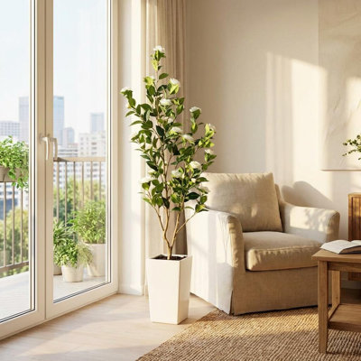4 FT Artificial Rubber Tree with White Planter, Faux Plants Indoor Faux Floor Artificial Trees with Many White Flowers, Fake Tropical Plants, Real Touch Rubber Tree for Home Office Decor