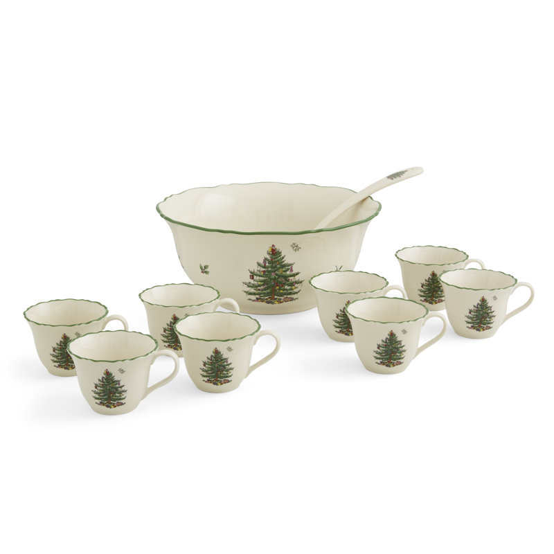 Spode Christmas Tree 10 Pc Punch Bowl W/Cups&Ladle