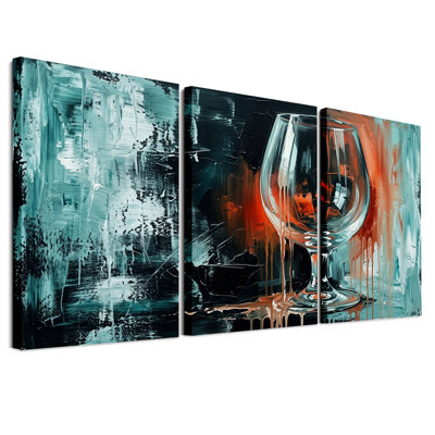 Ensemble de 3 toiles abstraites représentant un verre à vin avec des gouttes d'orange et de turquoise