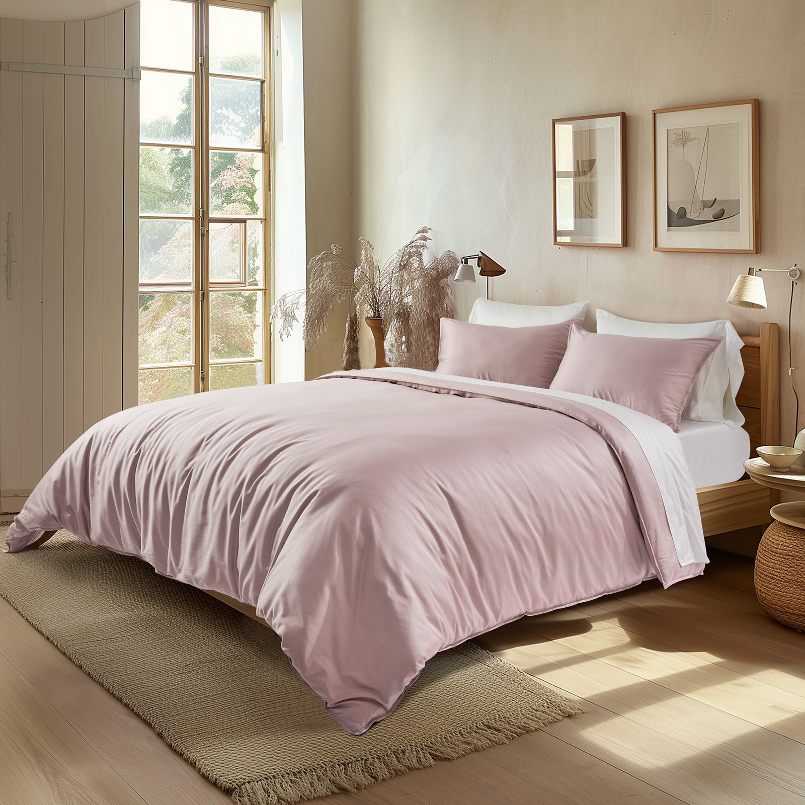 Cotton Tencel Duvet Cover Set, Queen Duvet Cover + 2 Queen Shams, Mauve Pink