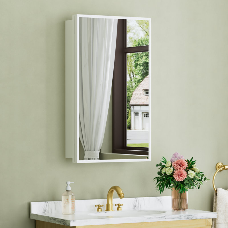 Armoire à pharmacie de salle de bain blanche 14 po x l 24 po avec miroir, tablettes réglables en verre trempé, grand espace de rangement, encastré ou à fixation en surface