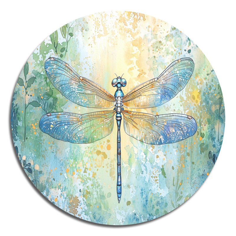 Été libellule ailes irides - art mural rond nature, art mural rond en métal bleu, H 36 po x l 36 po