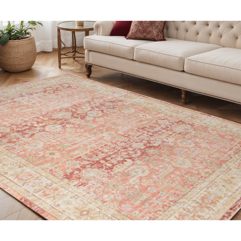 Tapis floral saumon et brun clair 5 pi x 8 pi