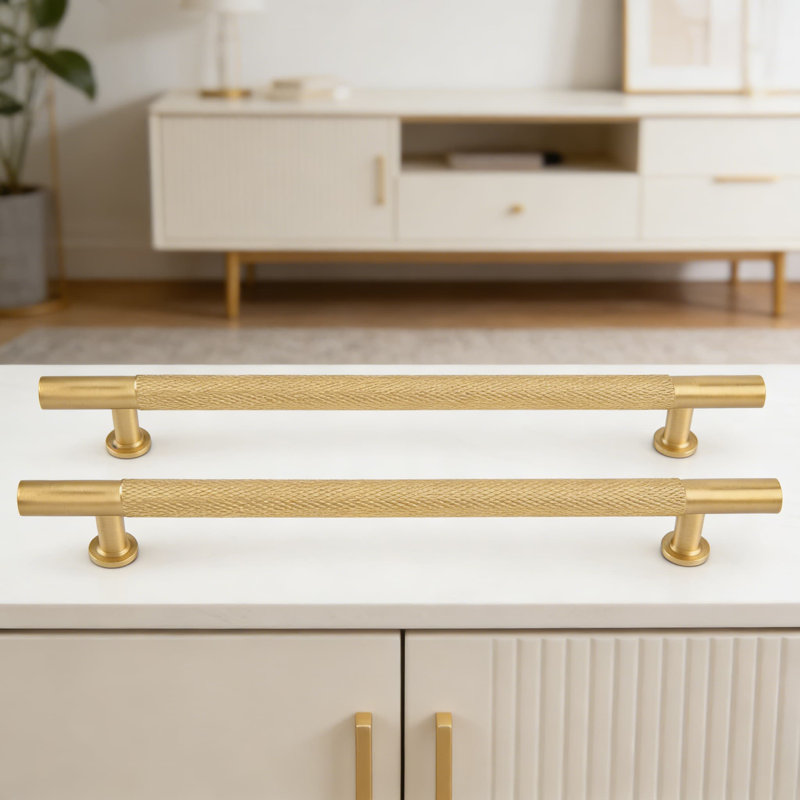 Poignées d'armoire et poignées de tiroir en laiton massif brossé doré, paquet de 5 quincaillerie de mobilier moderne à réticulation pour portes de cuisine, de chambre à coucher et de garde-robe