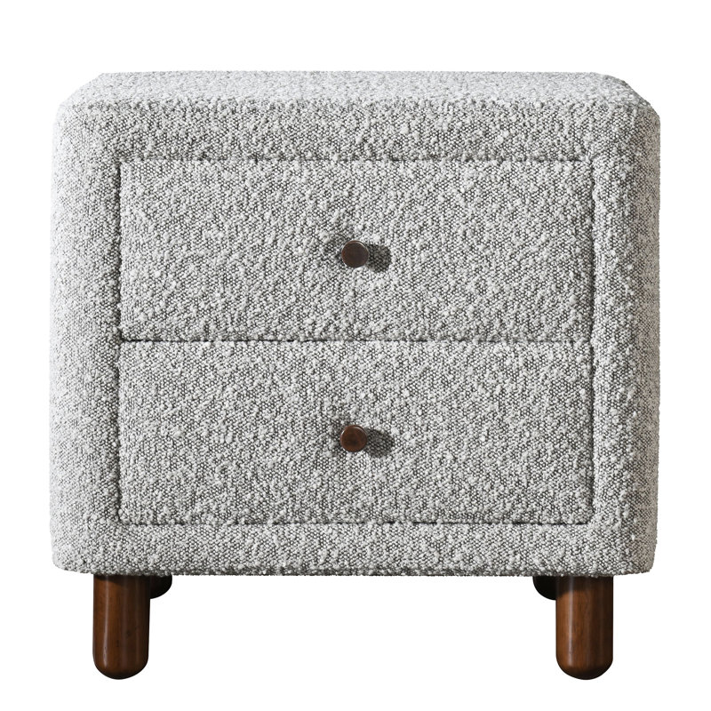 Table de chevet de chambre à coucher avec 2 tiroirs - Revêtement gris bouclé, tiroirs à cadre doux et incurvé, design moderne