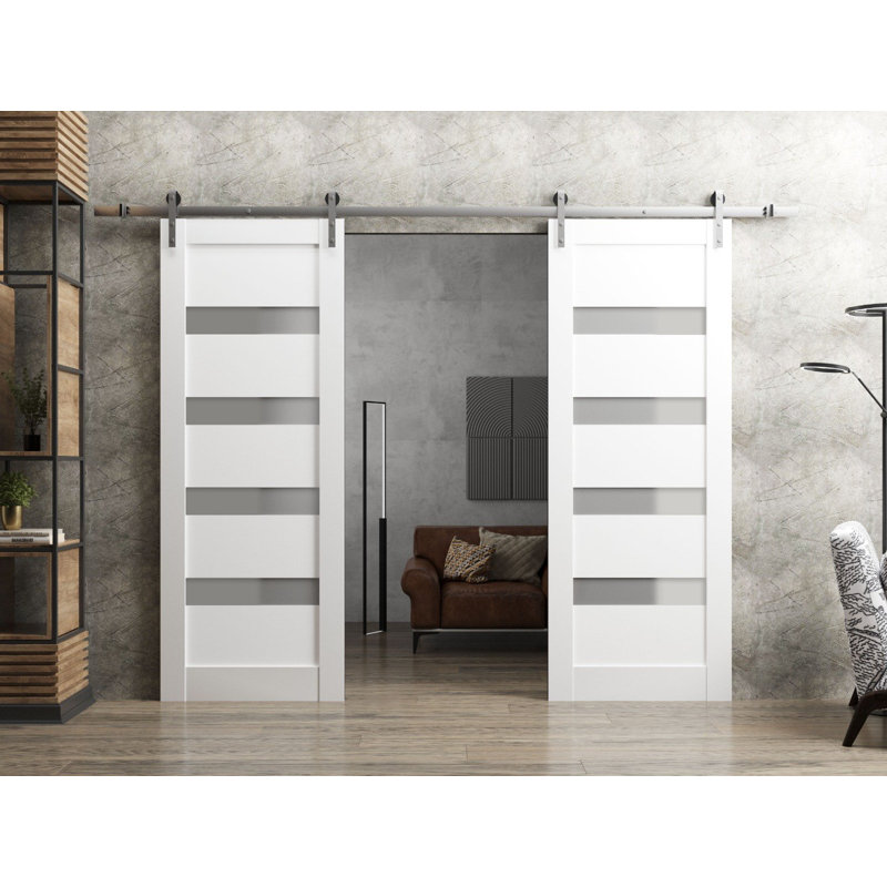 Portes coulissantes doubles de style grange avec quincaillerie Quadro 4113 Blanc Soie avec verre opaque dépoli, rail de 4 m (13 pi), ensemble robuste, panneau en bois massif, porte intérieure de cuisine, chambre ou salle de bain - 91 cm x 203 cm (36 po x 80 po) (2 x 46 cm x 203 cm) - Rail argenté