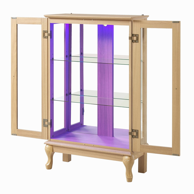 Elegant Light Oak Curio Cabinet With Tempered Glass Doors, LED Light, Mirrored Back Panel & Adjustable Shelves – Display Storage For Home & Office
